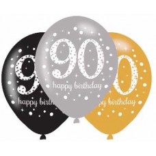 Happy 90th Birthday Gold Mix Sparkling Celebration Balloons - 11" Latex