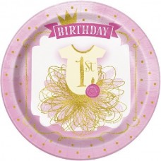 8PK (8) 9IN PINK/GOLD 1ST B/DAY PLATES